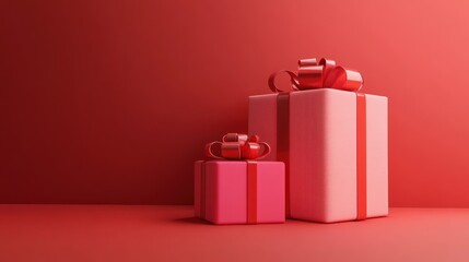 Two pink gift boxes with red ribbons on red background.