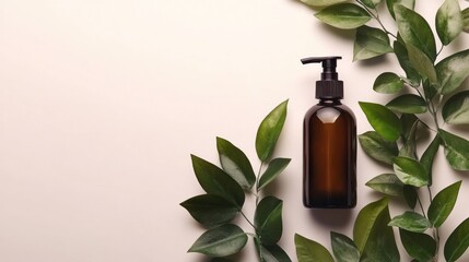 A brown bottle with a pump dispenser surrounded by green leaves on a white background.