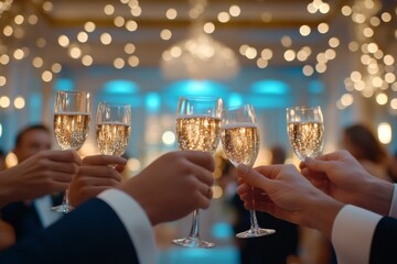 Champagne Toast: A toast to success, captured in a warm and festive atmosphere. Hands raise their champagne flutes in a celebratory gesture, reflecting T