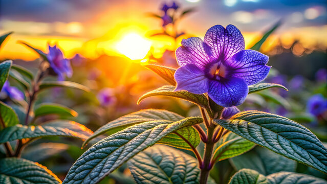 Stunning Strobilanthes callosa flower glowing in the sunset, Strobilanthes callosa, flower, sunset, vibrant, colorful, nature