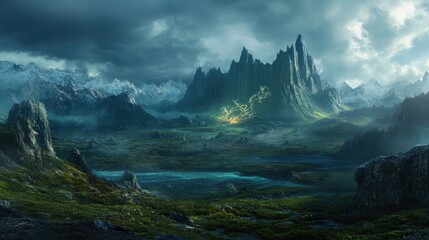 A breathtaking Norse mythology landscape with towering mountains and glowing Yggdrasil in the distance
