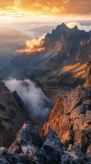 Mountain Range Panorama Sunrise Golden Hour Peaks. Panoramic Mountains Landscape Background.
