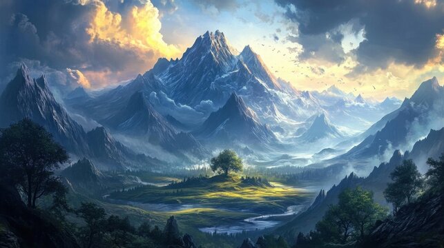 A breathtaking Norse mythology landscape with towering mountains and glowing Yggdrasil in the distance