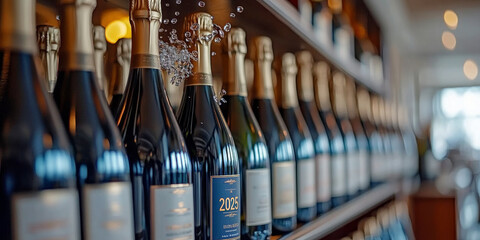 Champagne Celebration: Rows of champagne bottles, sparkling and ready for a toast, on a wooden shelf, capturing the essence of luxury and festivity. 