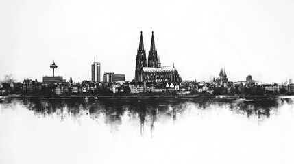 Naklejka premium Cologne, Germany, black and white pen pencil hand-drawn effect drawing illustration for travel poster, card, wallpaper, backdrop or banner. Modern, clear, artistic and simple