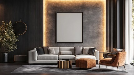 Modern living room interior with a white sofa, brown armchair, and a large empty frame on the wall.