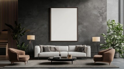 Modern living room interior with a large empty frame and a white sofa.