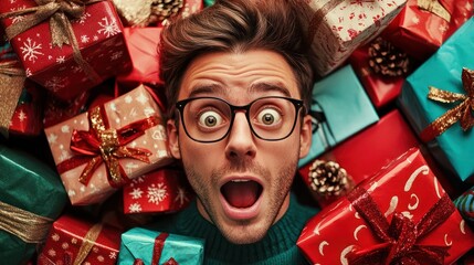 Man with a surprised expression surrounded by Christmas presents. Concept of a prize winner, black friday, prizes or gifts. Lucky man. Generative ai transparent background