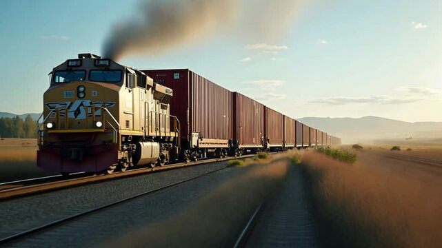 Long Freight Train with Cargo Containers Traveling on Railroad Tracks Through Rural Landscape