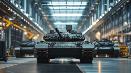 A military tank in a factory setting.