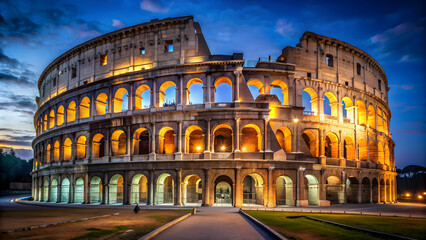 Fototapeta premium Ancient Roman Colosseum illuminated at night, Colosseum, Roman, Night, Illuminated, Architecture, Amphitheater, Historic, Italy