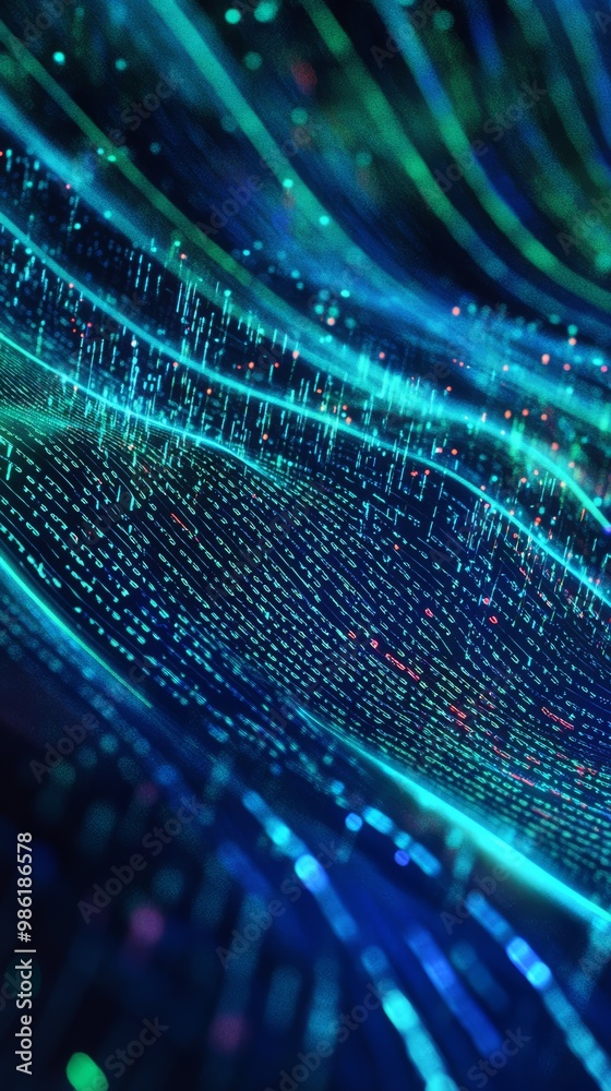 Poster Dynamic wave of digital code in vibrant colors flowing through a tech landscape. Represents coding and software.