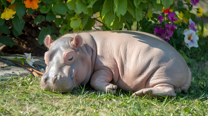 A hippopotamus resting in the grass at the zoo