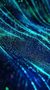 Dynamic wave of digital code in vibrant colors flowing through a tech landscape. Represents coding and software.