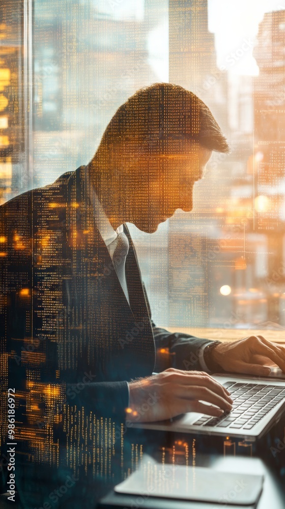 Aufkleber Businessman working on a laptop with digital code streams in a dim office. Represents focus and dedication in business tech.