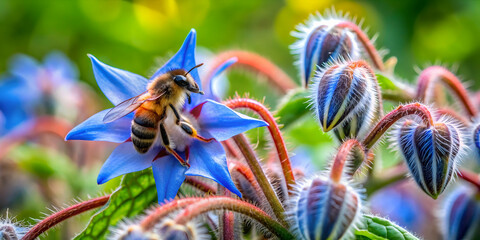 Vibrant close-up of common borage flower with bee in the garden, common borage, beebread, botany
