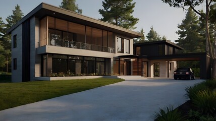 Fototapeta premium Luxury villa front porch, contemporary suburban home featuring elegant exterior architecture design, highlighting a luxurious estate