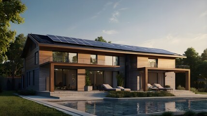 Fototapeta premium Modern house with solar panels on the roof, showcasing a futuristic design and luxurious villa style, incorporating green renewable energy through solar power in its exterior architecture