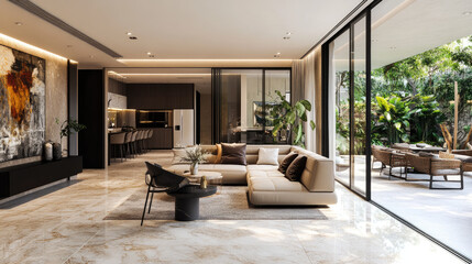Luxurious open-plan living space with marble flooring, plush furniture, and artistic decor. Large glass doors open up to a patio with greenery.