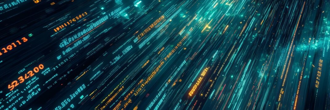 High-speed digital data lines with streaming code and numbers. Ideal for illustrating data transmission.