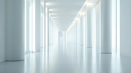 Obraz premium A modern, minimalist hallway with white columns and bright lighting.