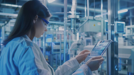 A focused woman in lab coat uses tablet in high tech laboratory, surrounded by advanced equipment and machinery, showcasing modern scientific environment