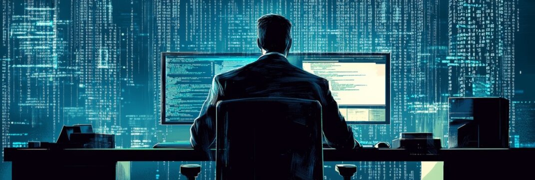 Back view of a programmer coding with blue digital code flowing on a screen. Software development and IT concept.