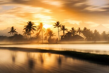 A sunrise long exposure shot capturing the ethereal beauty of a rice paddy field and palm trees with blurred motion