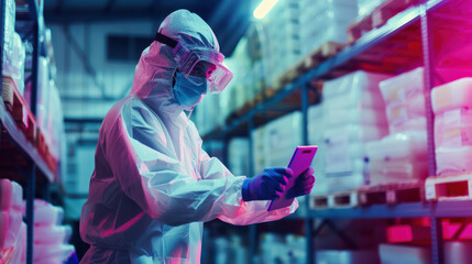 A person in protective gear is using smartphone in warehouse filled with supplies, showcasing blend of safety and technology in modern environment