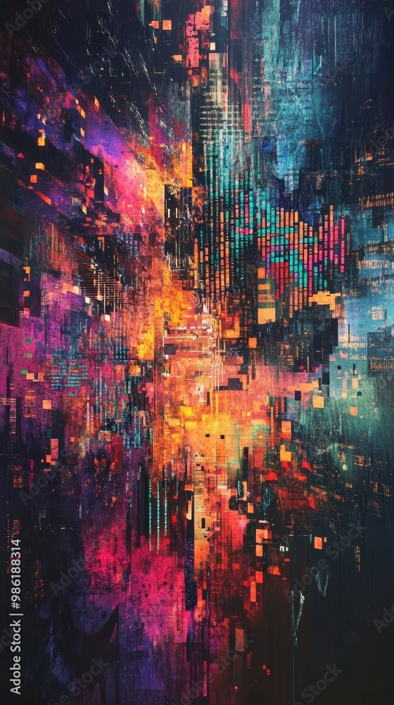 Poster colorful glitchy digital artwork featuring bright pinks, purples, and blues with a city-like structu