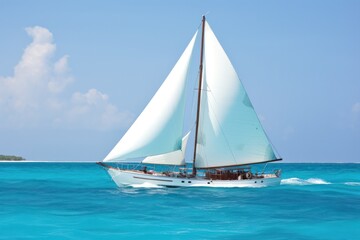 Naklejka premium A traditional Maldivian Dhoni boat sailing through the turquoise waters of the Maldives, its white sails billowing in the wind