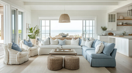 Open living and kitchen area with a coastal theme. Soft blues, whites, and natural textures create a relaxing atmosphere, with a view of the ocean through large windows.