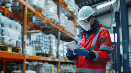 A warehouse worker in safety helmet and mask checks inventory on digital device while surrounded by shelves of supplies. environment is organized and industrial, emphasizing safety and efficiency