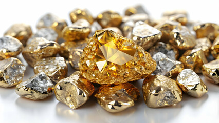 Shiny gold nugget surrounded by diamonds on a white background, gold, luxury, precious metal, wealth, valuable