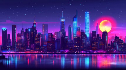 Fototapeta premium Neon city skyline reflecting in a tranquil waterfront at night with a glowing full moon.