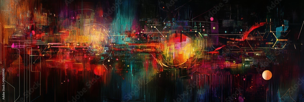 Poster Abstract digital art with dynamic splashes of red, orange, and blue. Concept for technology and transformation.