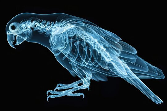 X-ray image of a parrot's skeleton in side profile, revealing detailed bone structure and anatomy. Ideal for educational, scientific, or medical use in ornithology or animal biology