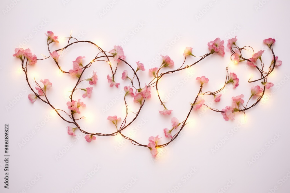 Wall mural a whimsical display of heart-shaped string lights intertwined with delicate vines and blooming flowe