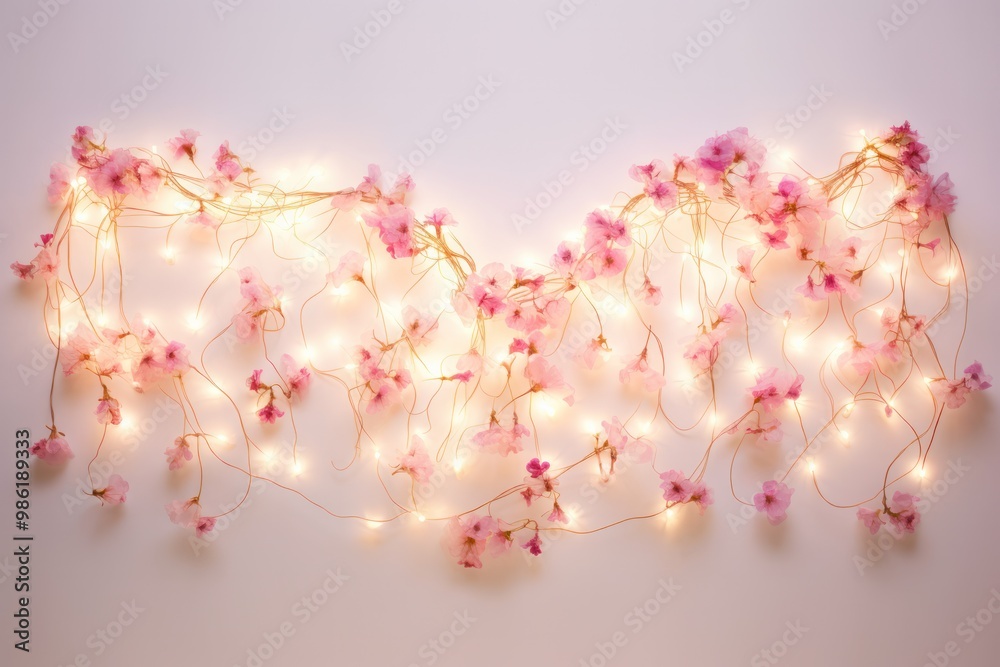Wall mural a whimsical display of heart-shaped string lights intertwined with delicate vines and blooming flowe