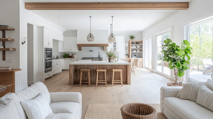 Spacious open concept room with a modern farmhouse design. White walls, wooden accents, and a large kitchen island make the space inviting and functional.