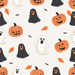 Happy Halloween Set of cute Halloween Seamless set with pumpkin, ghost and autumn leafs. Halloween, trick or treat. Vector illustration in flat style isolated.
