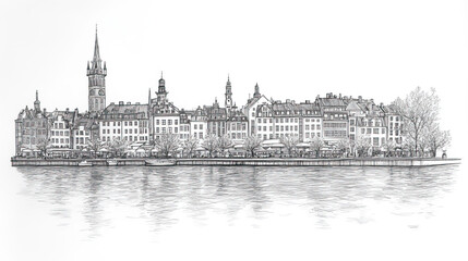 Fototapeta premium Copenhagen, Denmark, black and white pen pencil hand-drawn effect drawing illustration for travel poster, card, wallpaper, backdrop or banner. Modern, clear, artistic and simple