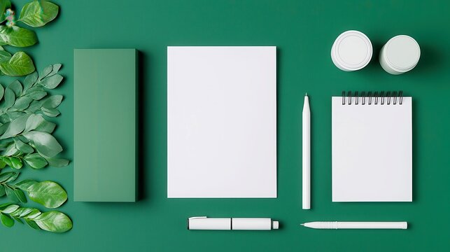 Elegant stationery identity mockup for luxury brand, featuring decorative elements on a forest green background, showcasing a pop art-inspired geometric design.