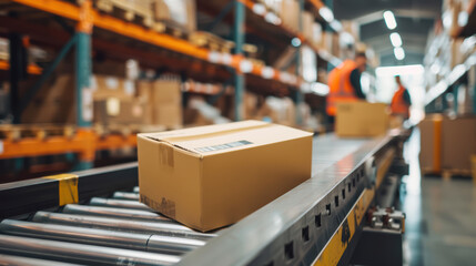 Efficient packaging and logistics are crucial in modern warehouses. This image showcases cardboard box on conveyor belt, symbolizing fast paced environment of distribution