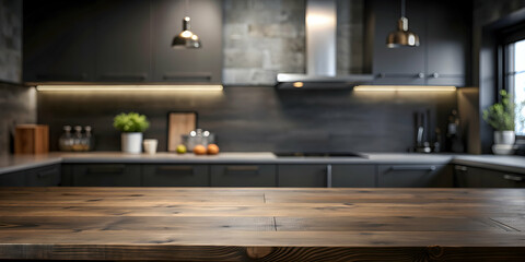 Defocused kitchen interior with an empty black table set against a dark background, blur, interior, kitchen, empty, table