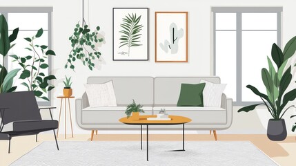 Fototapeta premium Minimalist living room interior with a grey couch, armchair, a coffee table, and potted plants.