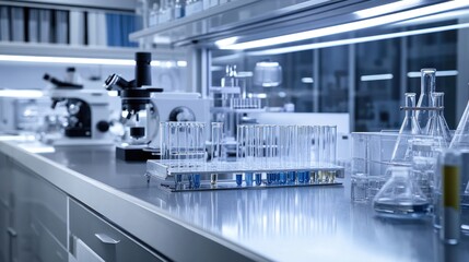 Close-up of lab equipment, including test tubes with blue liquid, beakers, and a microscope in the background.