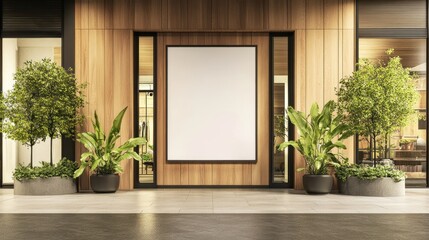 Blank billboard on modern building facade with potted plants.