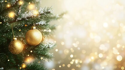 Close up of christmas tree branch with golden ball and lights in a room with a blurry background of boke of gold and white lights