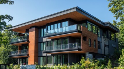 Obraz premium Modern grey and brown townhouse with multiple balconies and large windows against a blue sky.